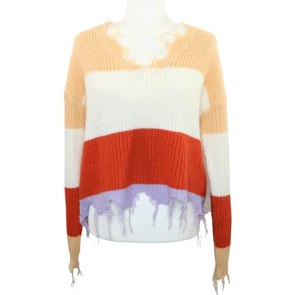 Derek Heart Color Block Striped Sweater Raw Edges - Picture 1 of 9